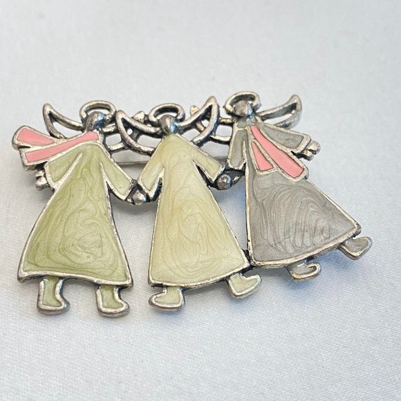 Breast Cancer Awareness Brooch Three Hand Holding Angels Donning Pink Scarves - Picture 3 of 8